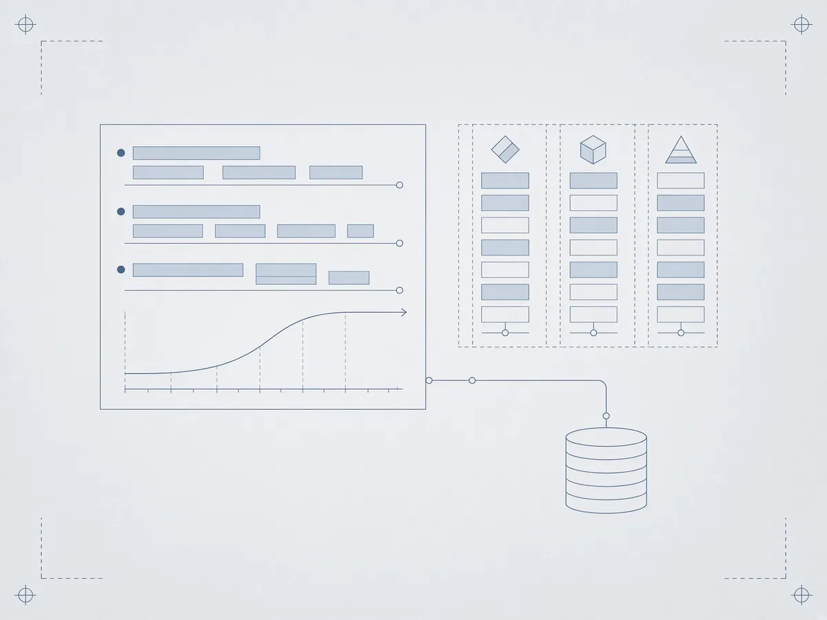 Diagram: project hours and a forecast curve feeding budget columns and a database