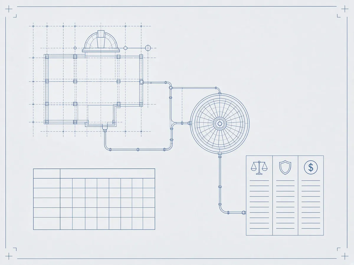 Diagram: a job site plan feeding one payroll system with wage, benefit and pay rules
