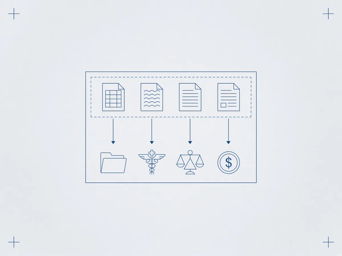 Diagram: incoming documents sorted into folders for records, medical, legal and money