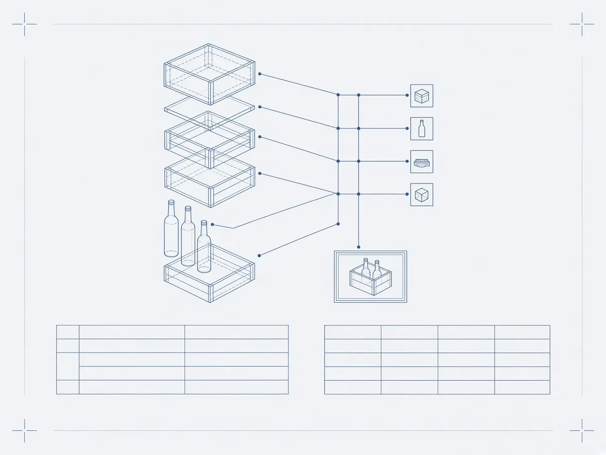 Diagram: stacked inventory linked to a bill of materials and count sheets
