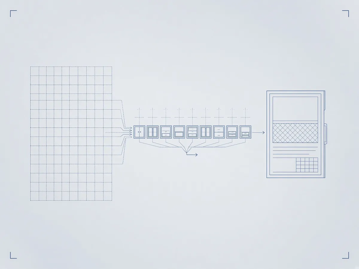 Diagram: rows of finance data passing through a chain of AI skills into a spreadsheet